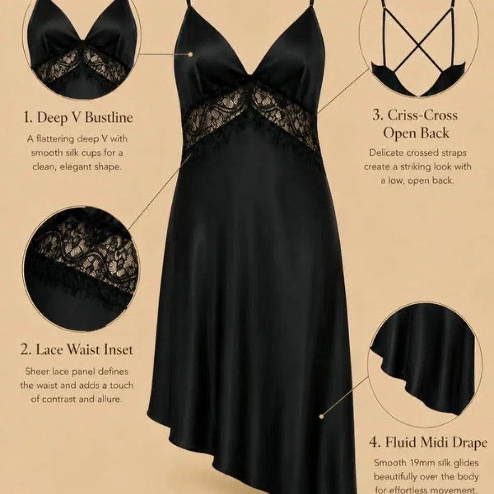 100% Mulberry Silk 19Momme Lace-Waist Nightgown with Criss-Cross Back