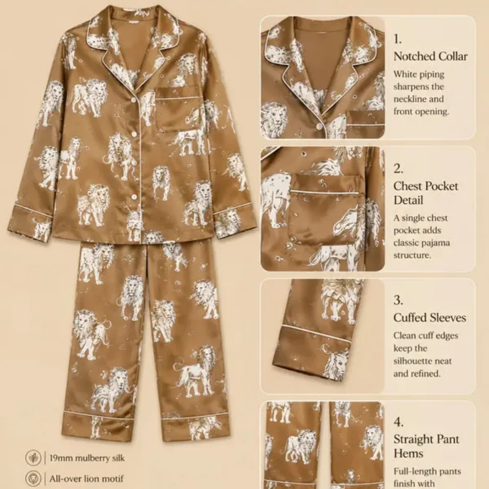 100% Mulberry Silk 19Momme Lion Print Women&