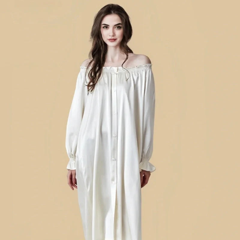 100% Mulberry Silk 19Momme Long Sleeve Off-Shoulder Midi Nightgown with Button Design