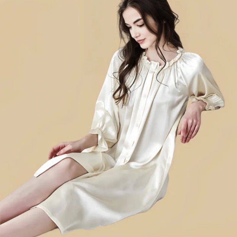 100% Mulberry Silk 19Momme Long Sleeve Off-Shoulder Midi Nightgown with Button Design