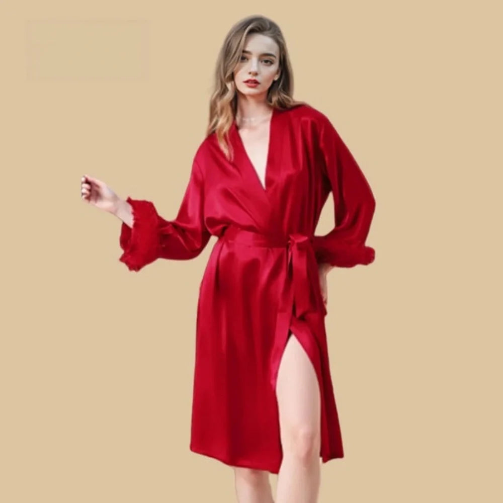 100% Mulberry Silk 19Momme Midi Kimono Robe & Nightgown with Feather-Trim Cuffs