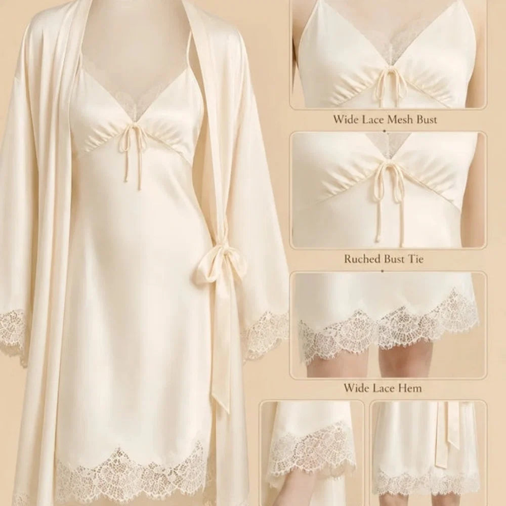 100% Mulberry Silk 19Momme Nightgown & Kimono Robe Set with Lace Design