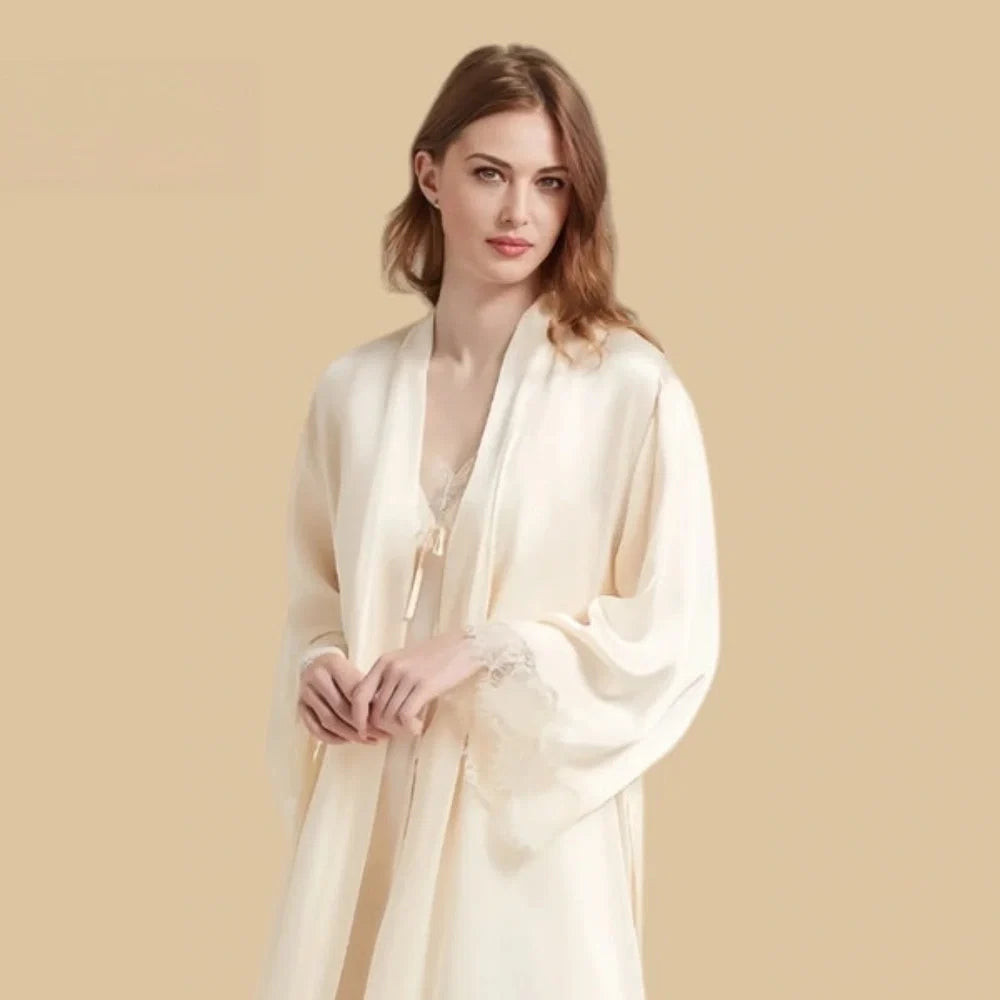100% Mulberry Silk 19Momme Nightgown & Kimono Robe Set with Lace Design
