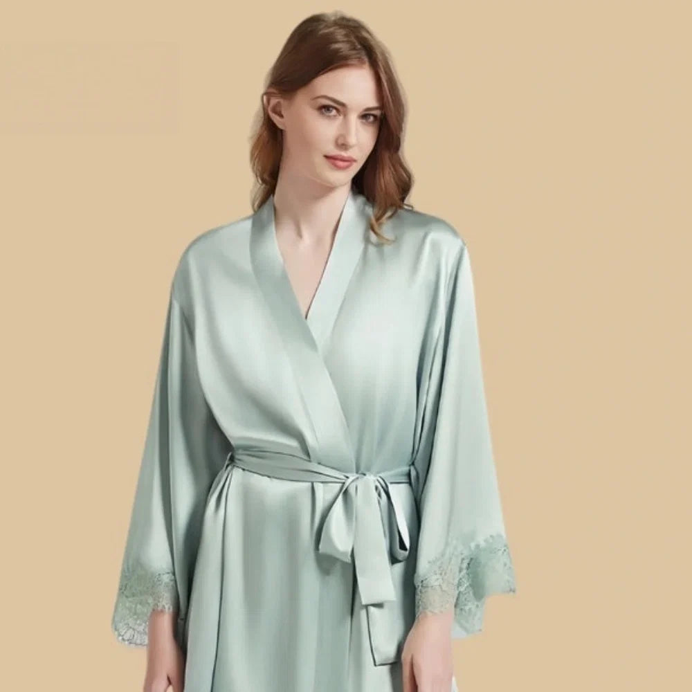100% Mulberry Silk 19Momme Nightgown & Kimono Robe Set with Lace Design