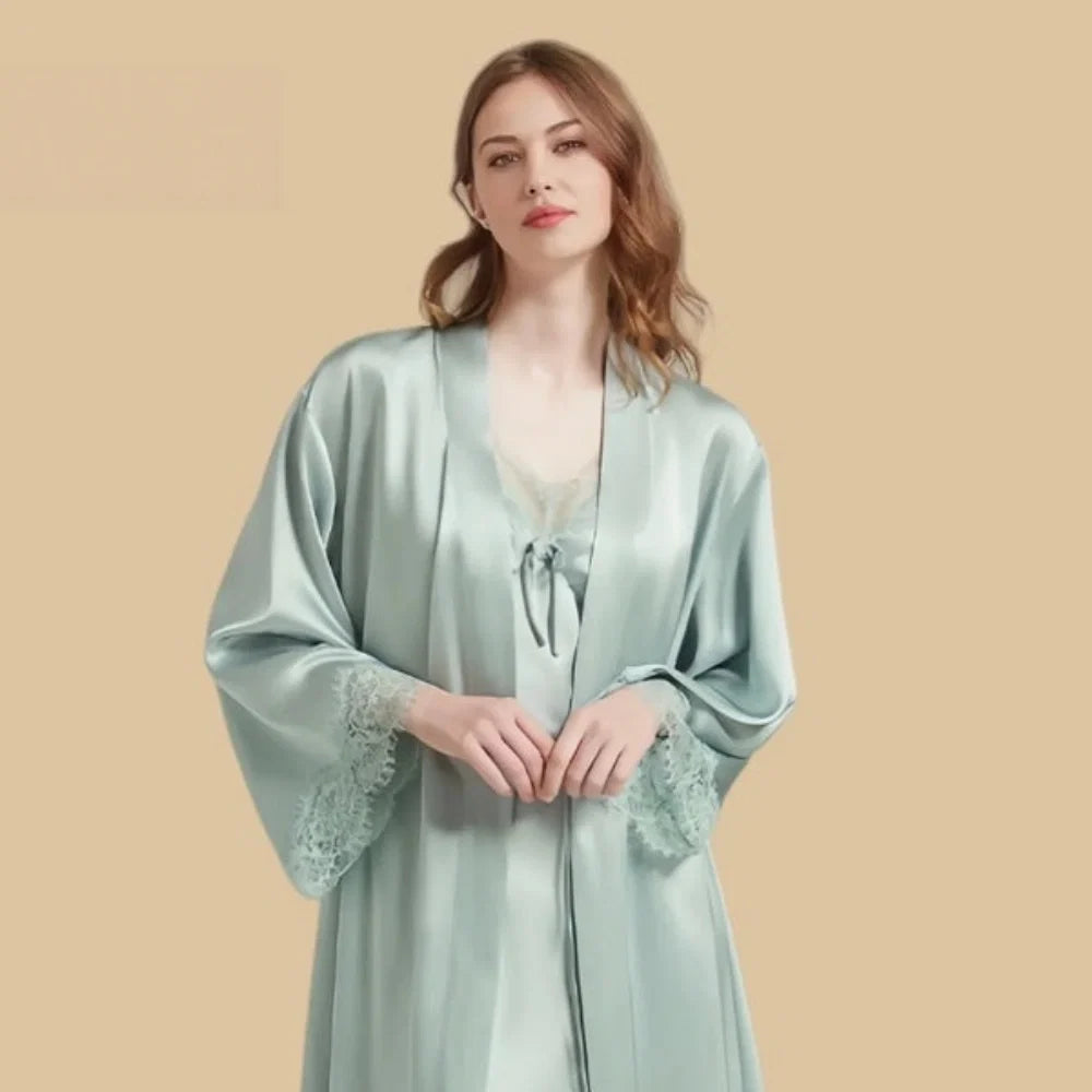 100% Mulberry Silk 19Momme Nightgown & Kimono Robe Set with Lace Design