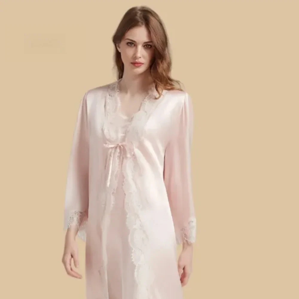 100% Mulberry Silk 19Momme Nightgown & Robe Set with Lace Trim Design