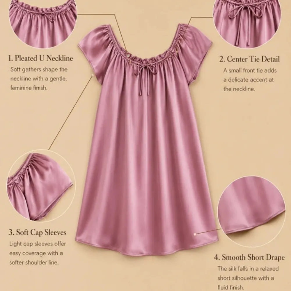 100% Mulberry Silk 19Momme Pleated U-Neck Short Nightgown with Cap Sleeves