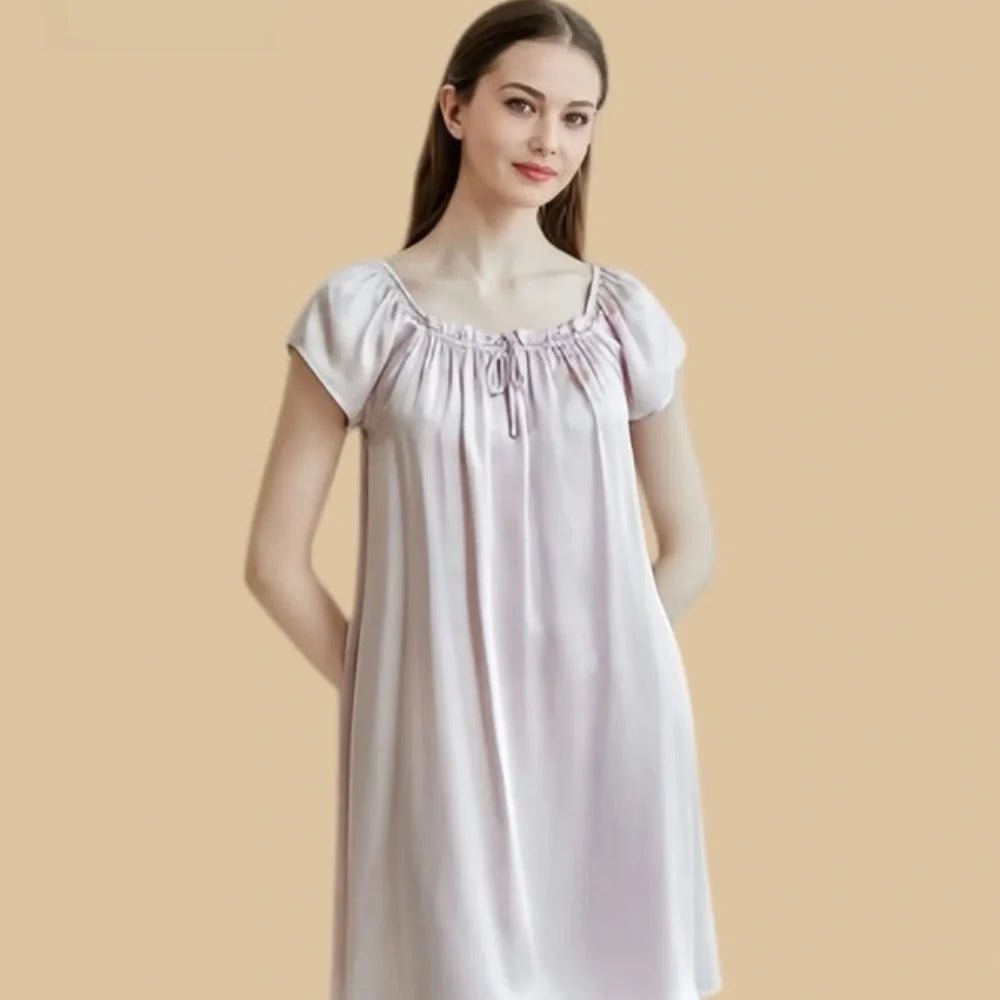 100% Mulberry Silk 19Momme Pleated U-Neck Short Nightgown with Cap Sleeves