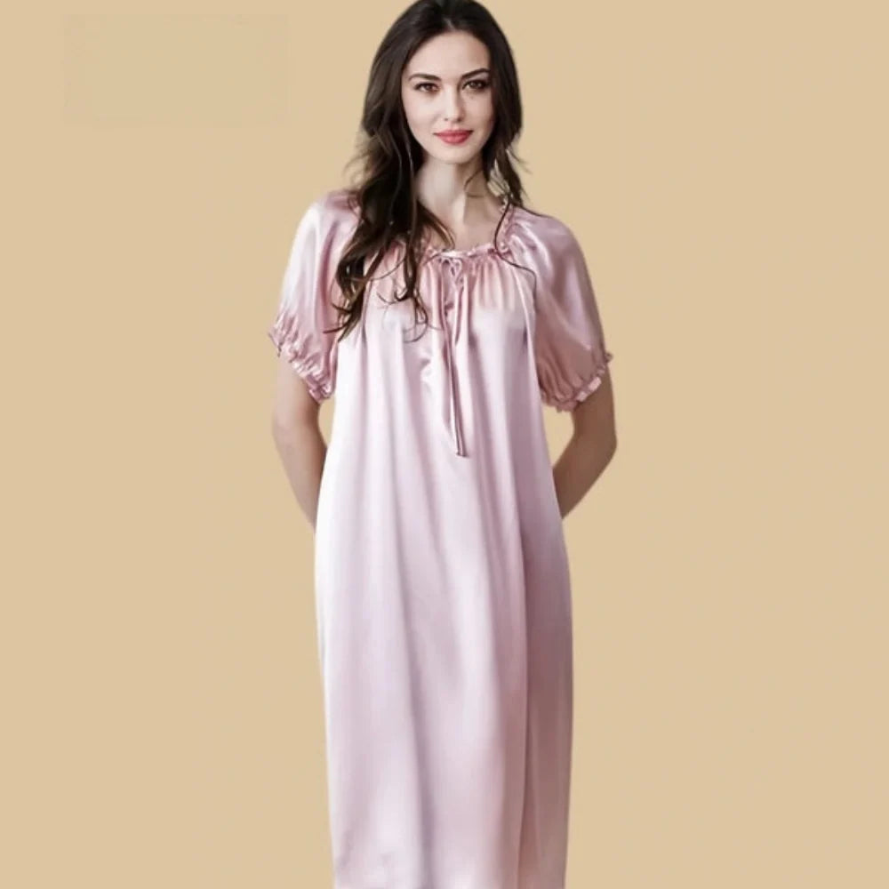 100% Mulberry Silk 19Momme Ruffle Neck Nightgown with Puff Short Sleeves