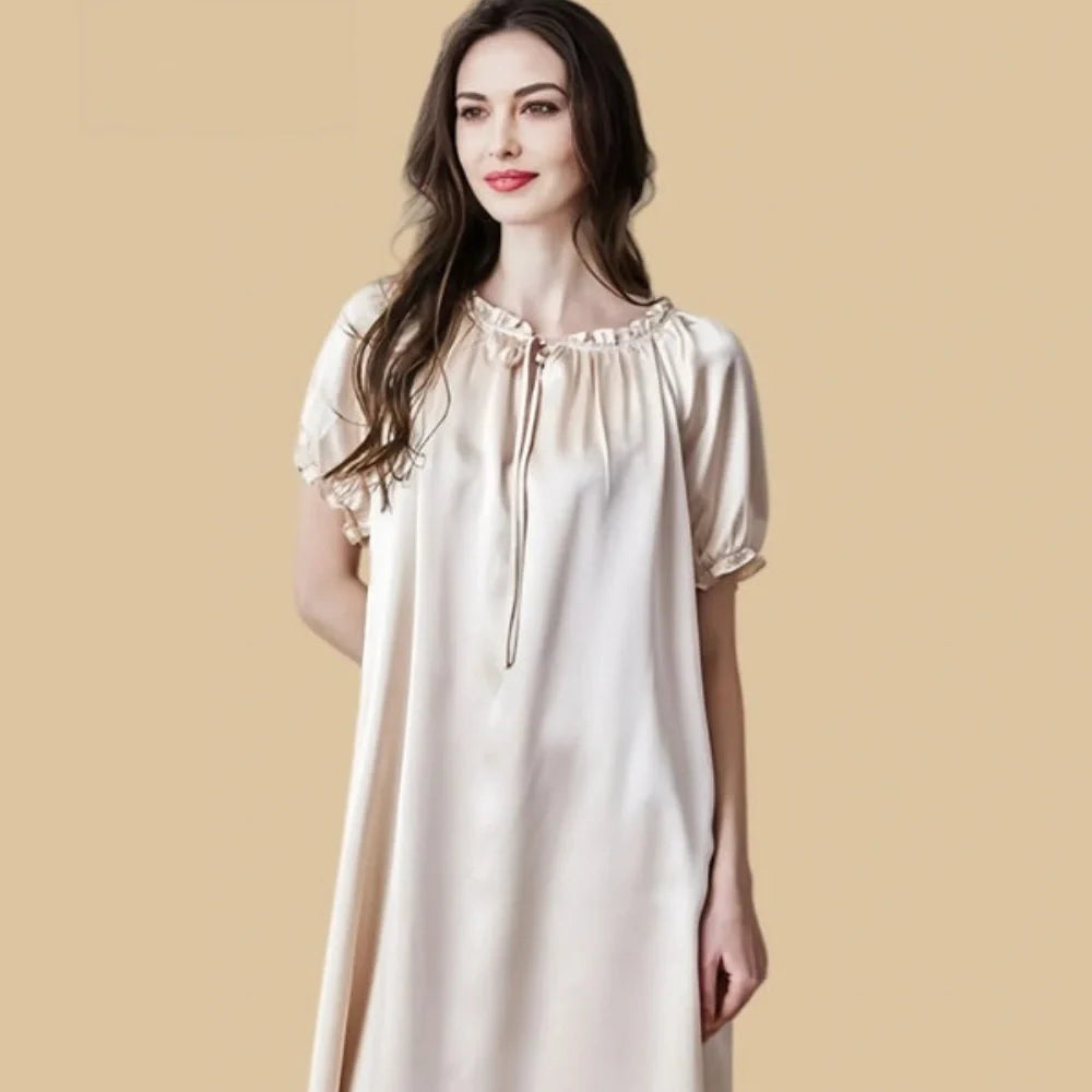 100% Mulberry Silk 19Momme Ruffle Neck Nightgown with Puff Short Sleeves
