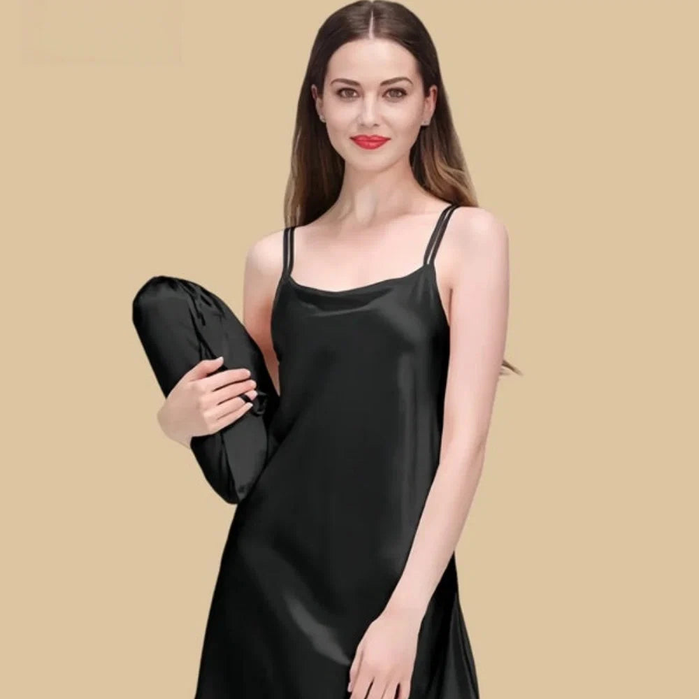 100% Mulberry Silk 19Momme Scoop Neck Short Nightgown with Double Strap Design