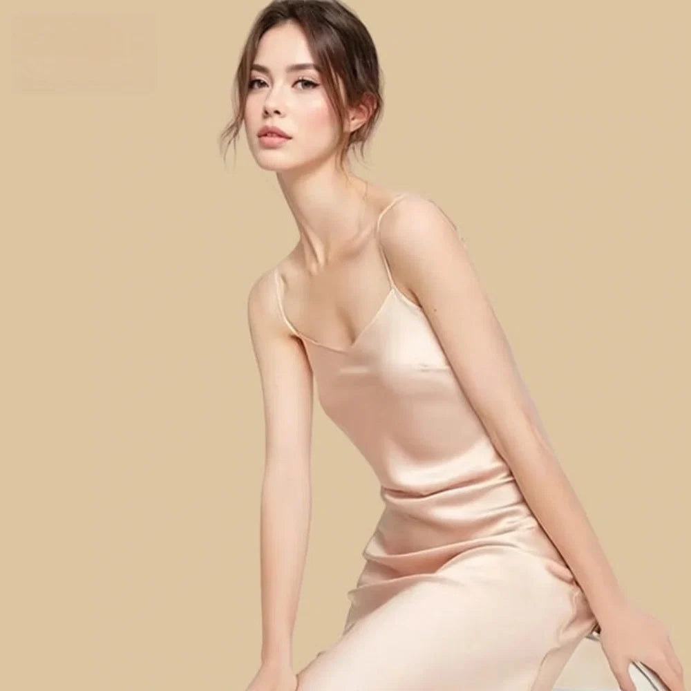 100% Mulberry Silk 19Momme Scoop Neck Spaghetti Strap Midi Nightgown