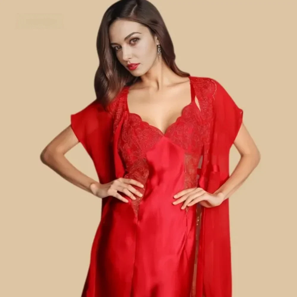 100% Mulberry Silk 19Momme Short Nightgown & Kimono Robe Set with Lace Design