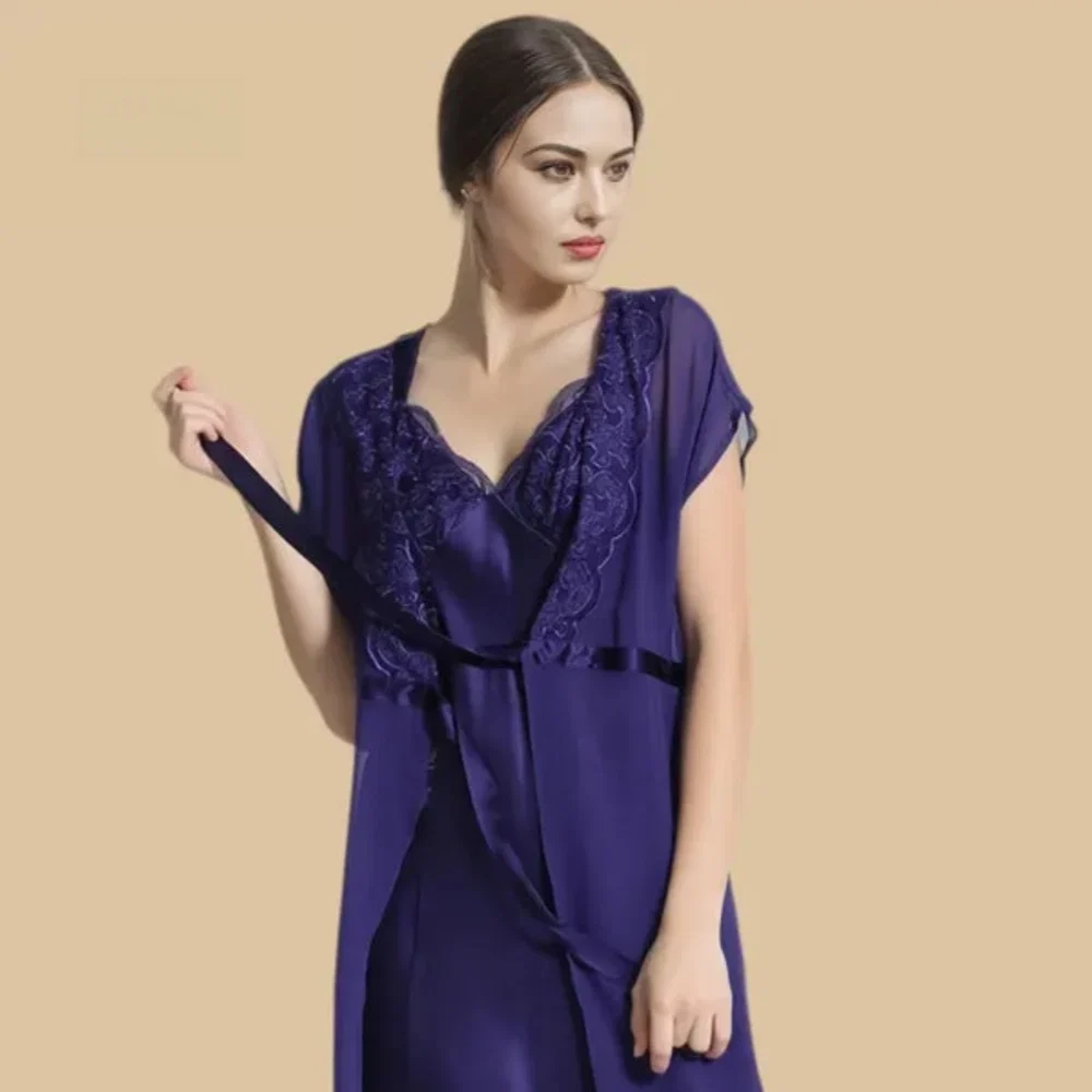100% Mulberry Silk 19Momme Short Nightgown & Kimono Robe Set with Lace Design