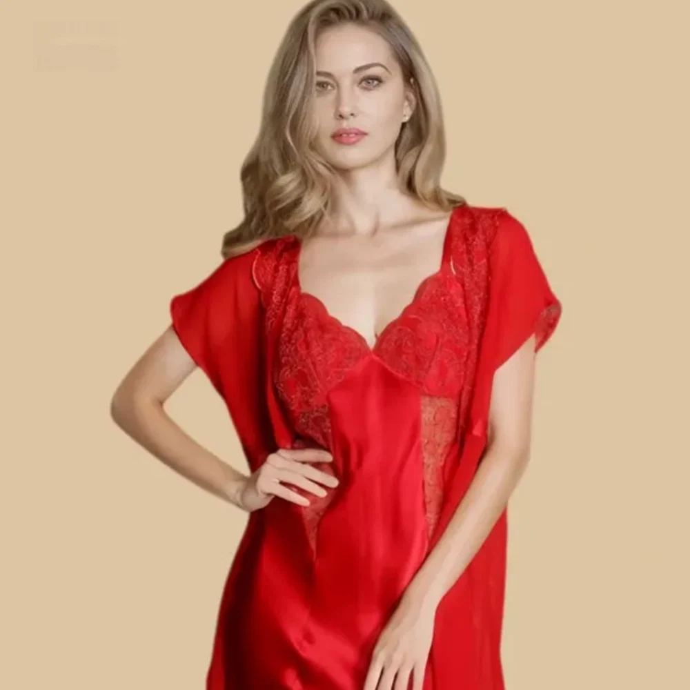 100% Mulberry Silk 19Momme Short Nightgown & Kimono Robe Set with Lace Design