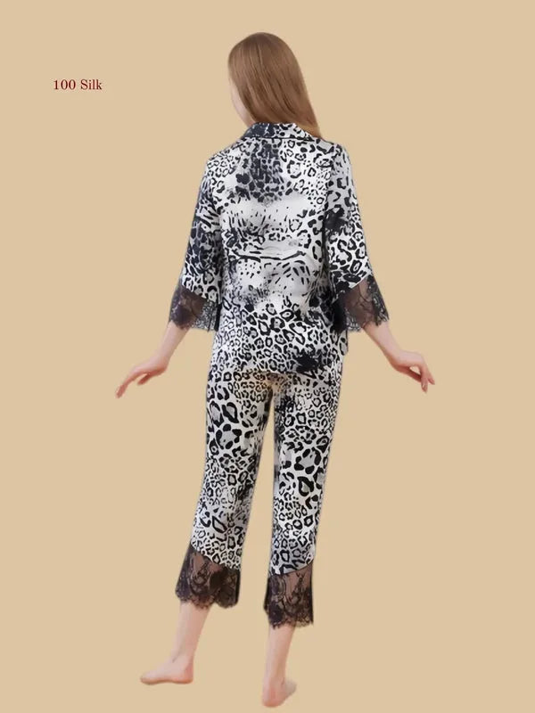 100% Mulberry Silk 19Momme Silk Leopard Print Women&