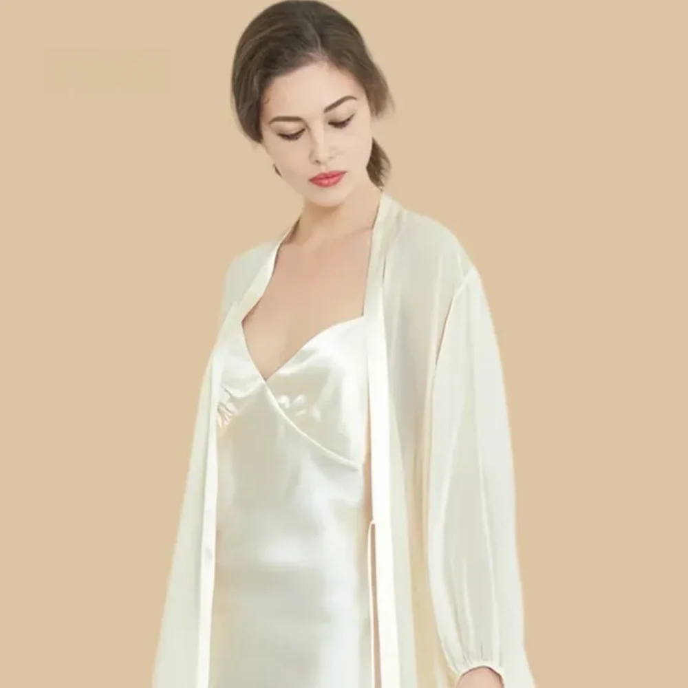 100% Mulberry Silk 19Momme Silk V-neck Nightgown & Kimono Robe with Tie Design