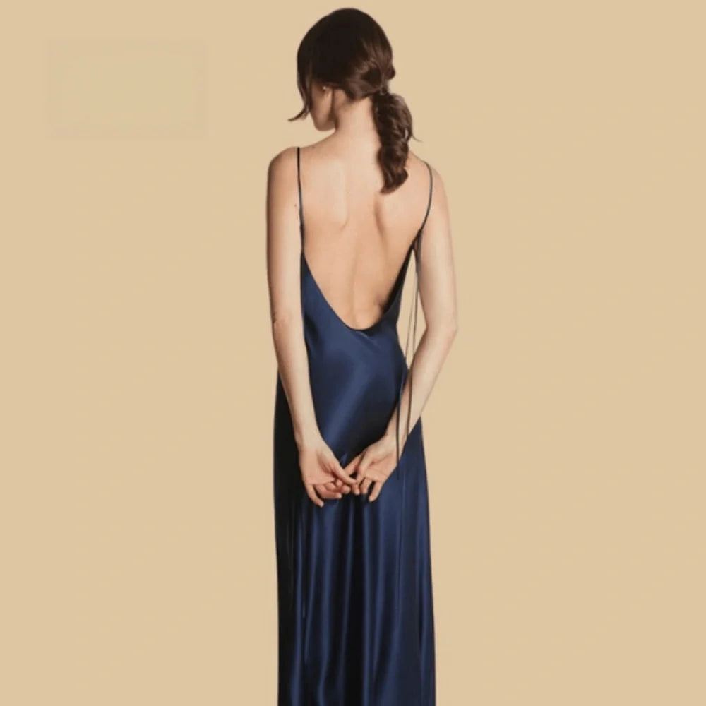 100% Mulberry Silk 19Momme Spaghetti Strap Full Nightgown with Backless Design
