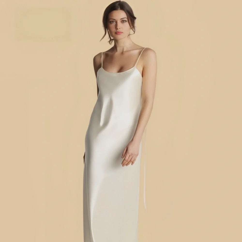 100% Mulberry Silk 19Momme Spaghetti Strap Full Nightgown with Backless Design