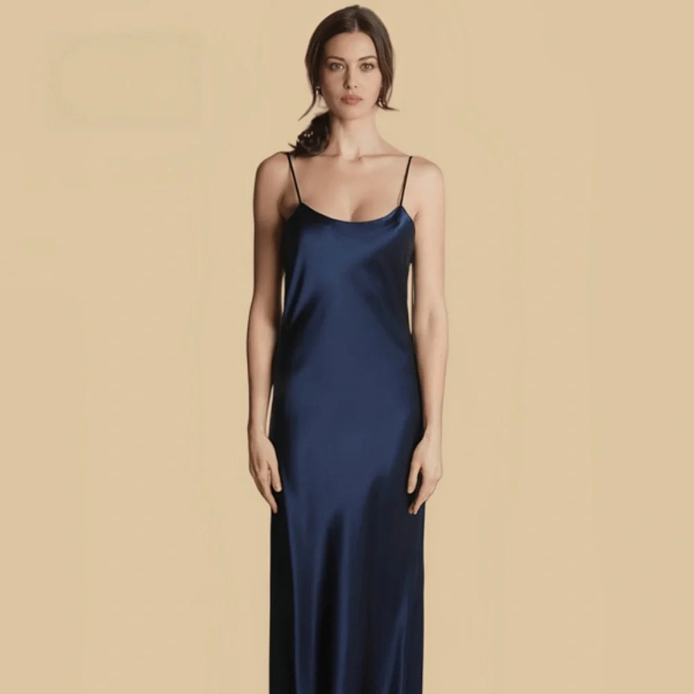 100% Mulberry Silk 19Momme Spaghetti Strap Full Nightgown with Backless Design