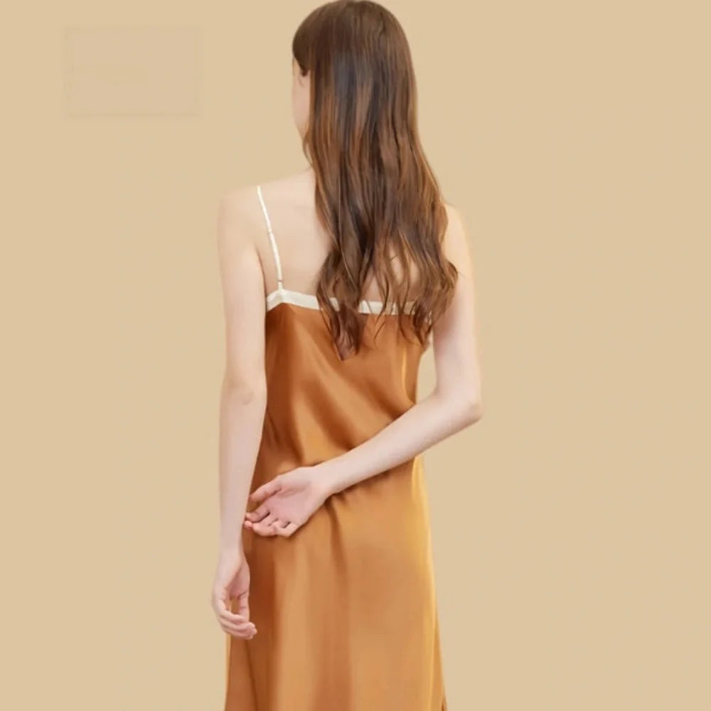 100% Mulberry Silk 19Momme Spaghetti Strap Midi Nightgown with Contrast Ruffle Neck