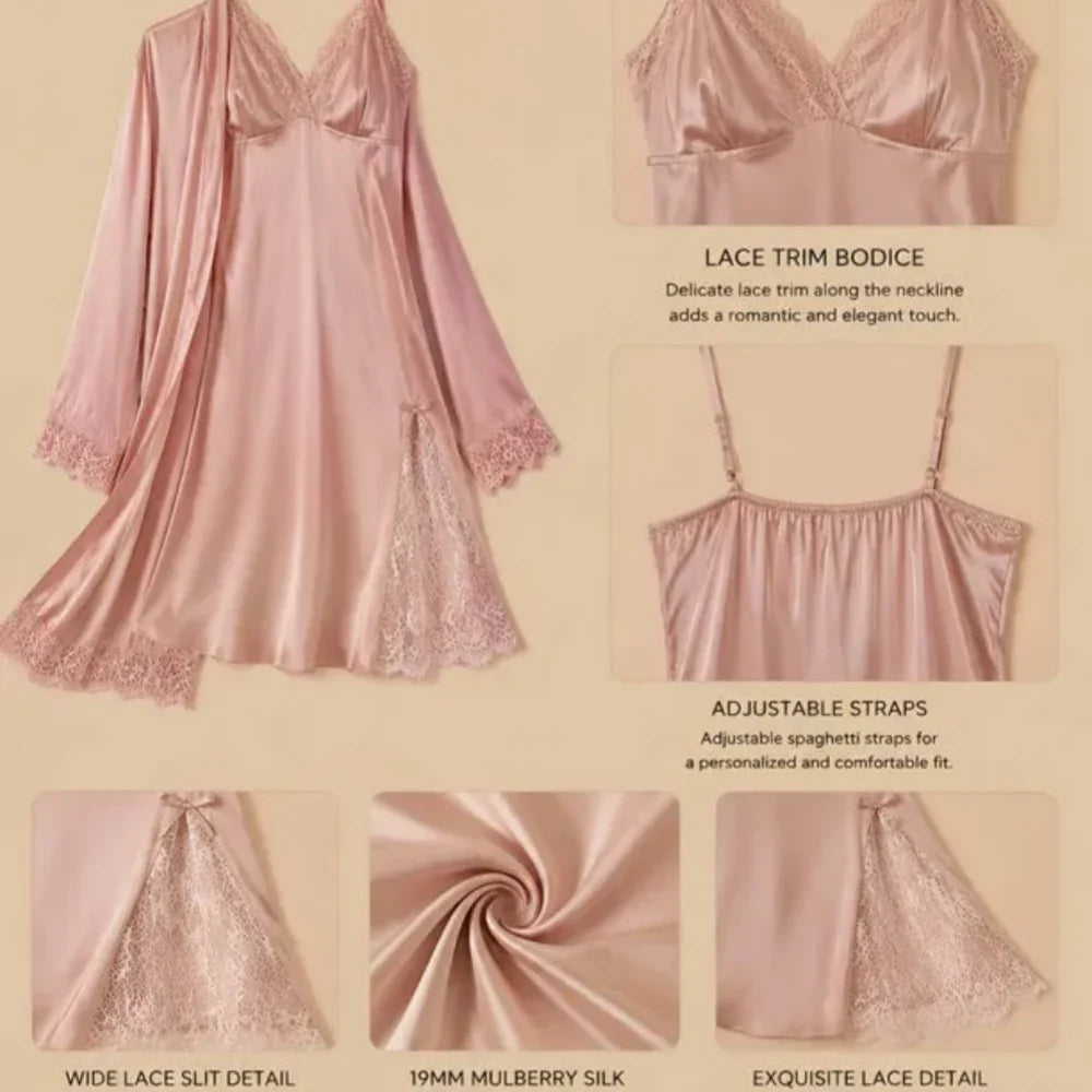 100% Mulberry Silk 19Momme Spaghetti Strap Nightgown & Kimono Robe Set with Lace Trim Design