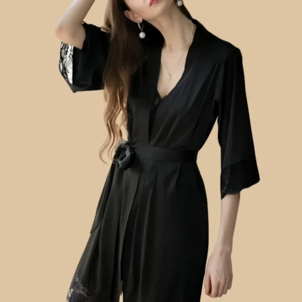 100% Mulberry Silk 19Momme Spaghetti Strap Nightgown & Kimono Robe Set with Lace Trim Design