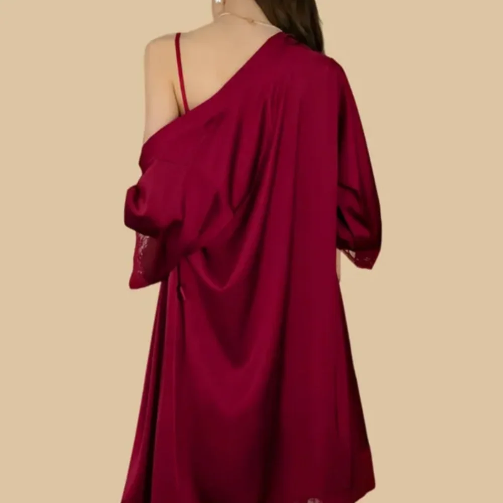100% Mulberry Silk 19Momme Spaghetti Strap Nightgown & Kimono Robe Set with Lace Trim Design