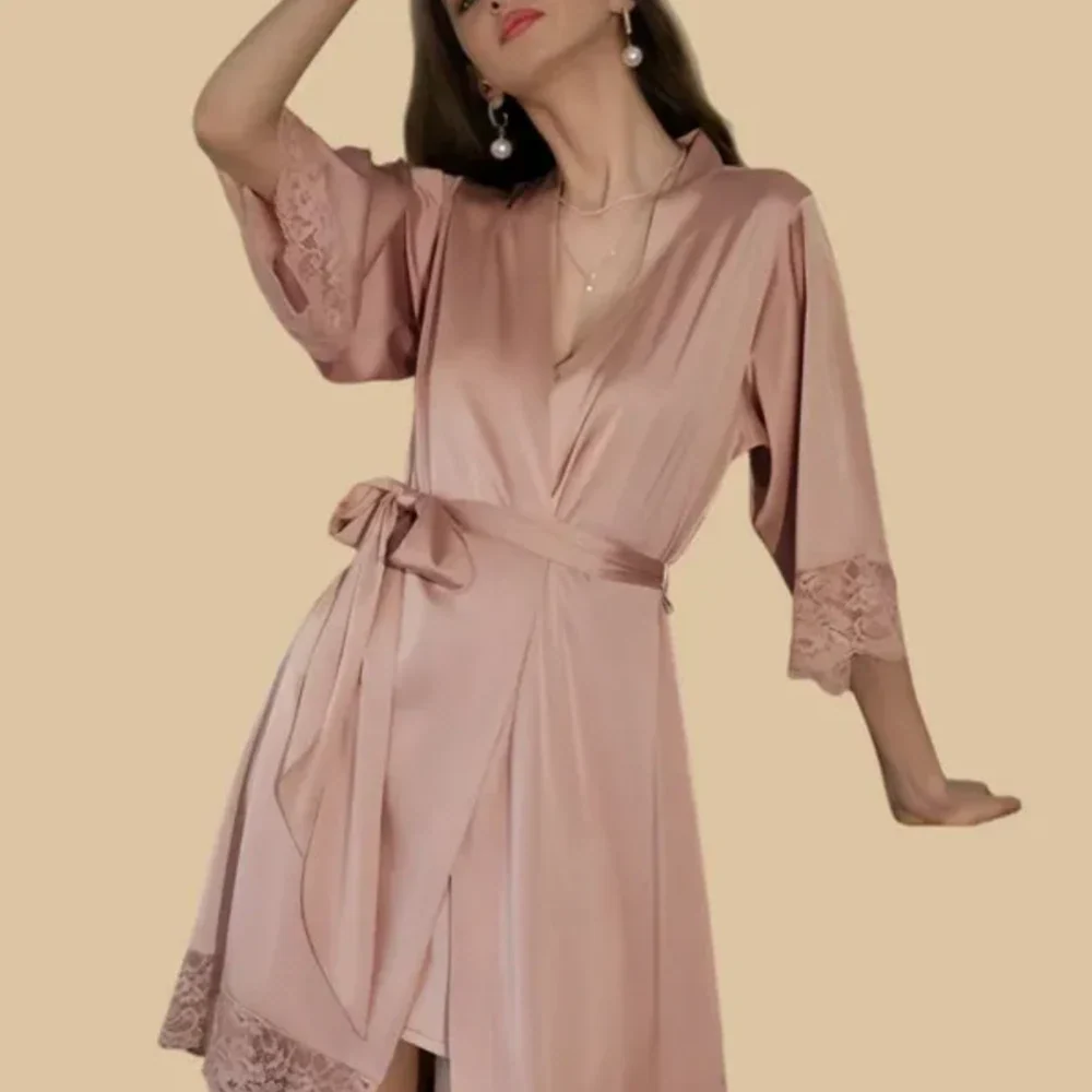 100% Mulberry Silk 19Momme Spaghetti Strap Nightgown & Kimono Robe Set with Lace Trim Design