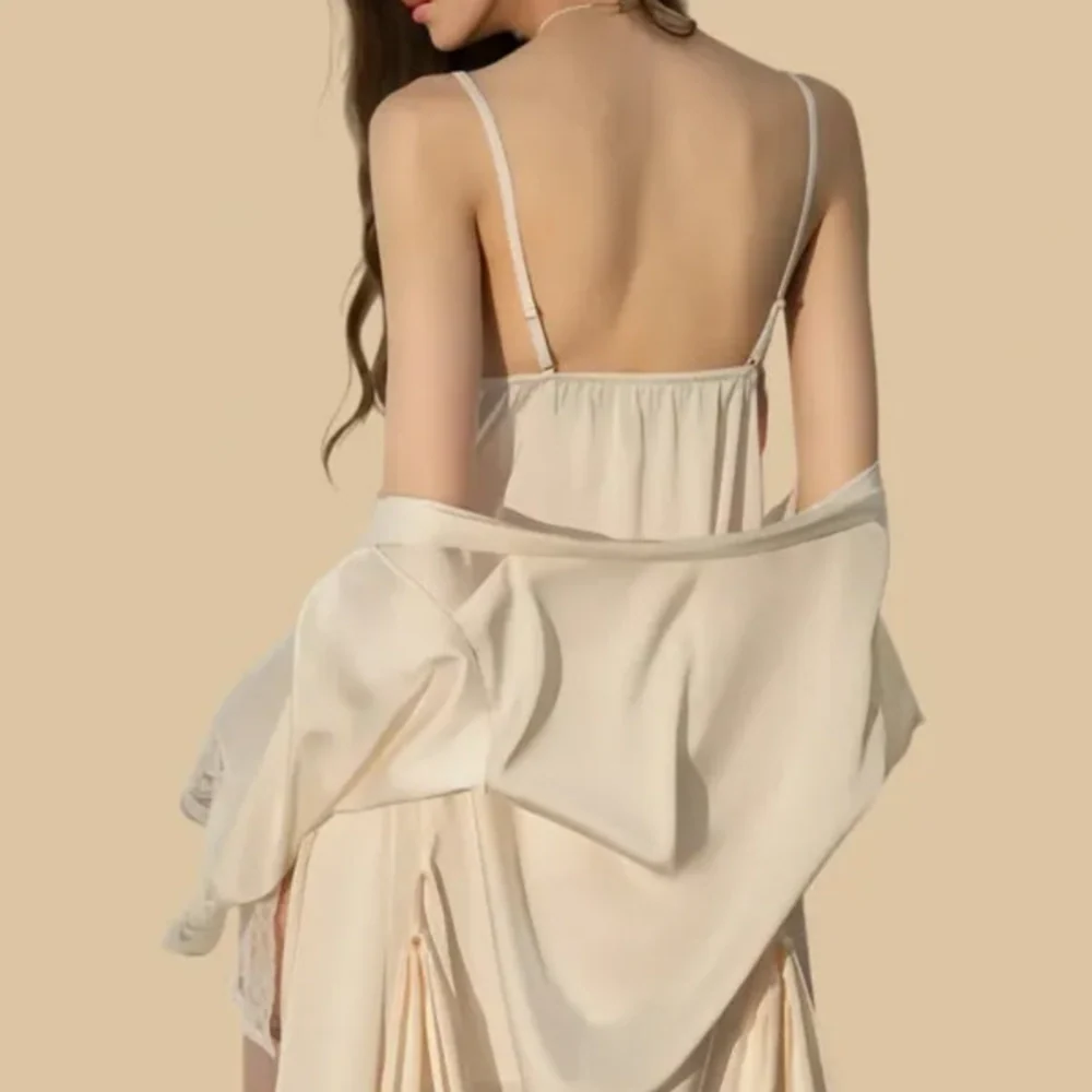 100% Mulberry Silk 19Momme Spaghetti Strap Nightgown & Kimono Robe Set with Lace Trim Design