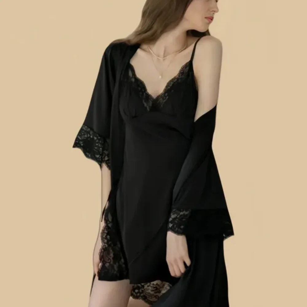 100% Mulberry Silk 19Momme Spaghetti Strap Nightgown & Kimono Robe Set with Lace Trim Design