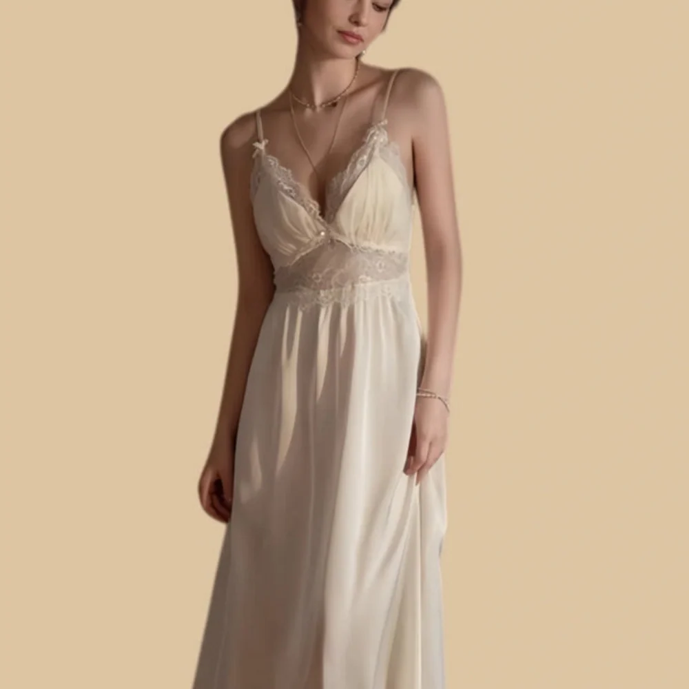 100% Mulberry Silk 19Momme Spaghetti Strap Nightgown & Kimono Robe Set with Lace Trim Design