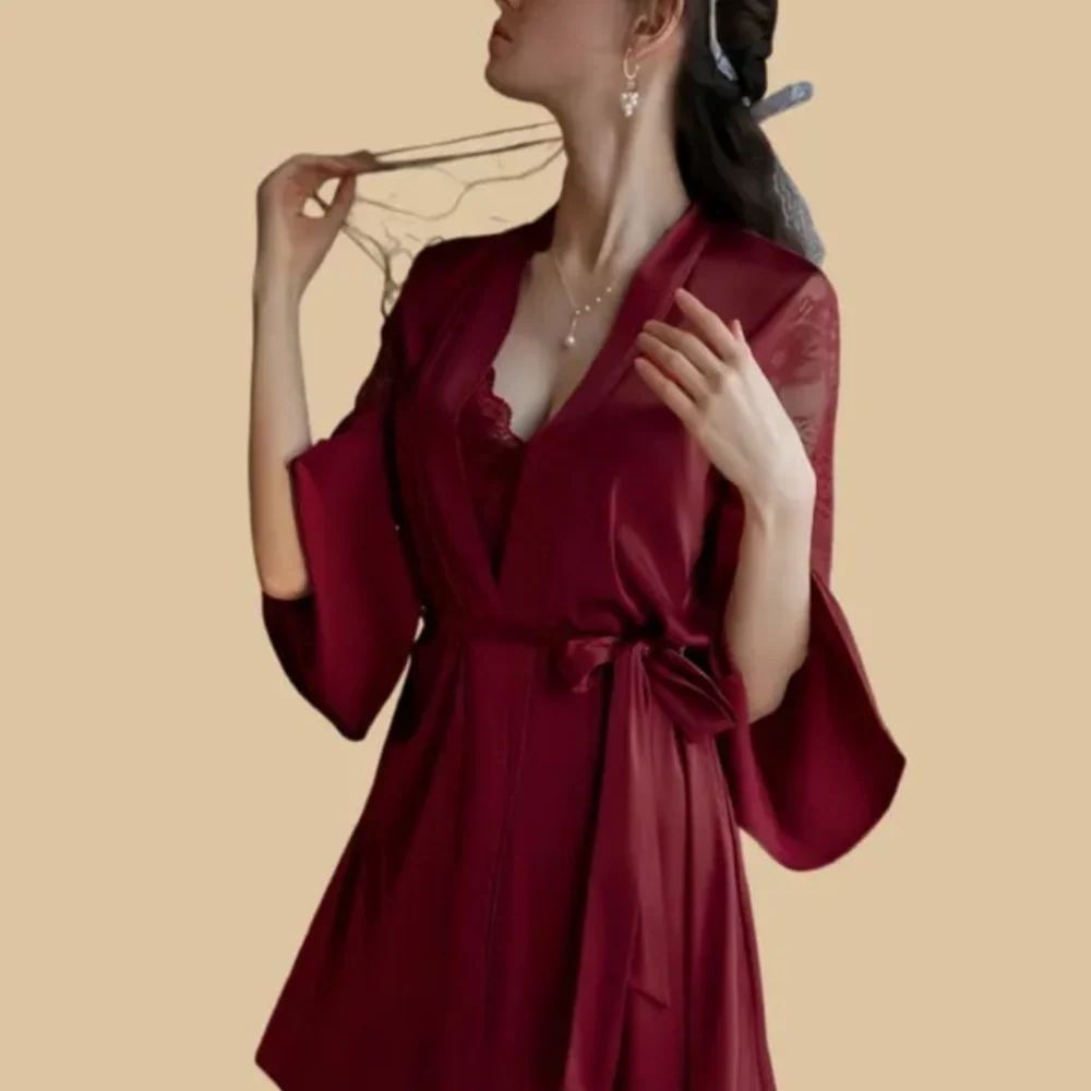 100% Mulberry Silk 19Momme Spaghetti Strap Nightgown & Kimono Robe Set with Lace and Belt Design