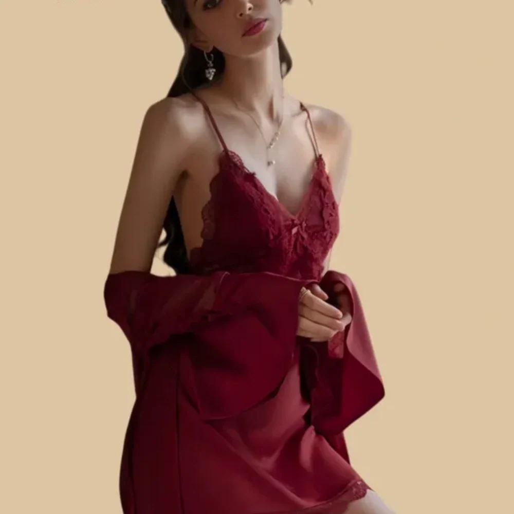 100% Mulberry Silk 19Momme Spaghetti Strap Nightgown & Kimono Robe Set with Lace and Belt Design