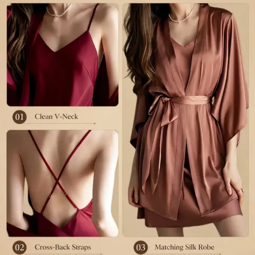 100% Mulberry Silk 19Momme Spaghetti Strap Nightgown & Kimono Robe Set