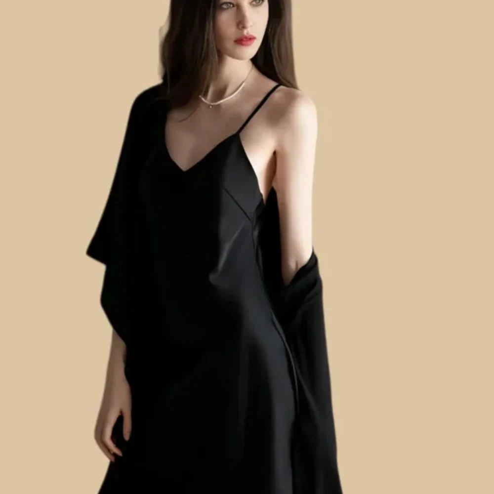 100% Mulberry Silk 19Momme Spaghetti Strap Nightgown & Kimono Robe Set