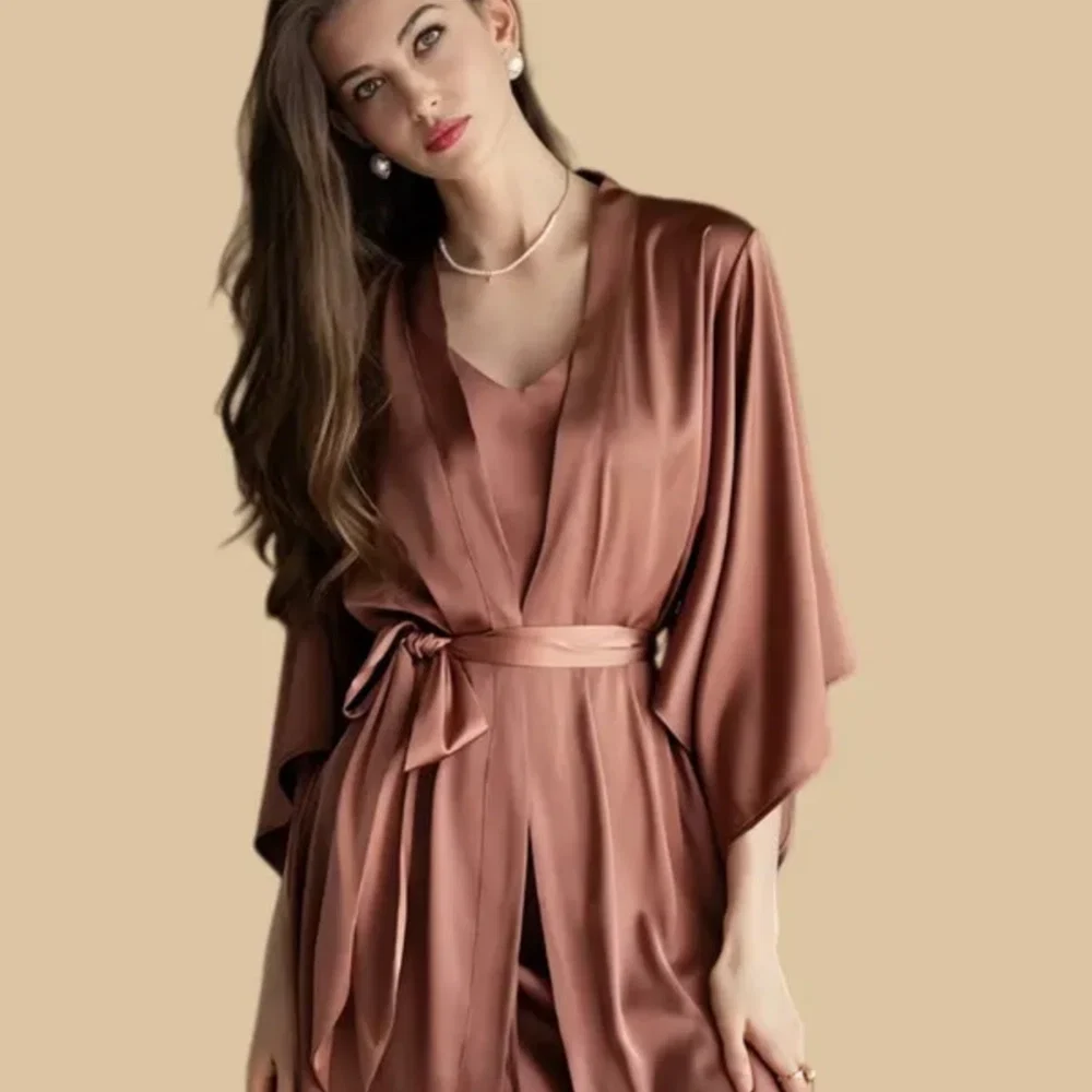100% Mulberry Silk 19Momme Spaghetti Strap Nightgown & Kimono Robe Set