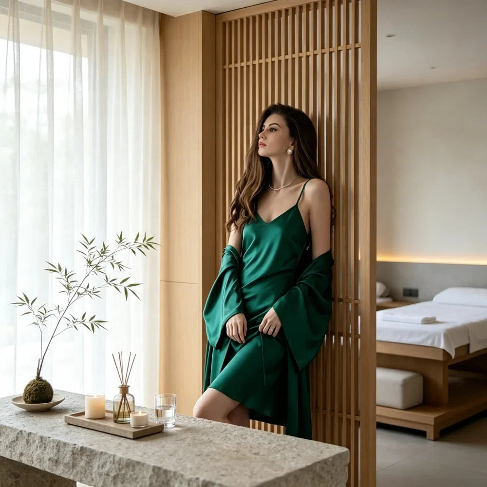 100% Mulberry Silk 19Momme Spaghetti Strap Nightgown & Kimono Robe Set