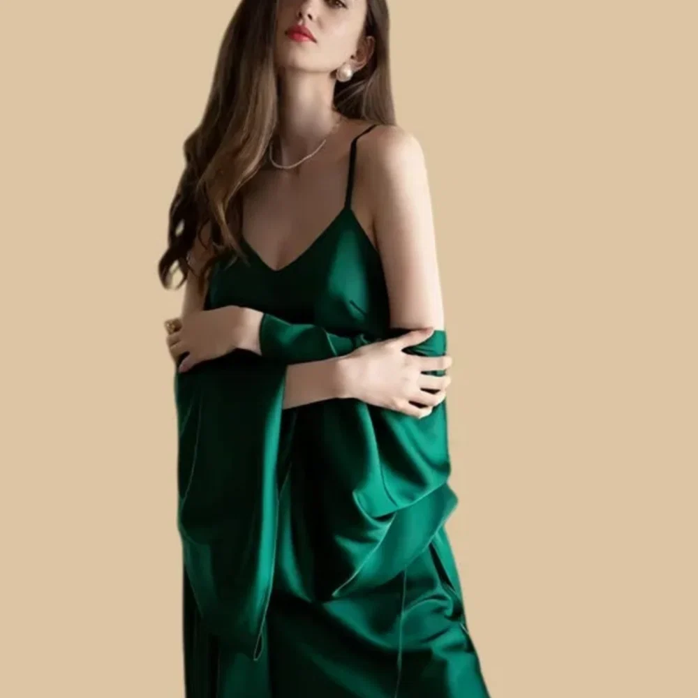 100% Mulberry Silk 19Momme Spaghetti Strap Nightgown & Kimono Robe Set