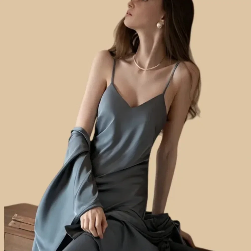 100% Mulberry Silk 19Momme Spaghetti Strap Nightgown & Kimono Robe Set