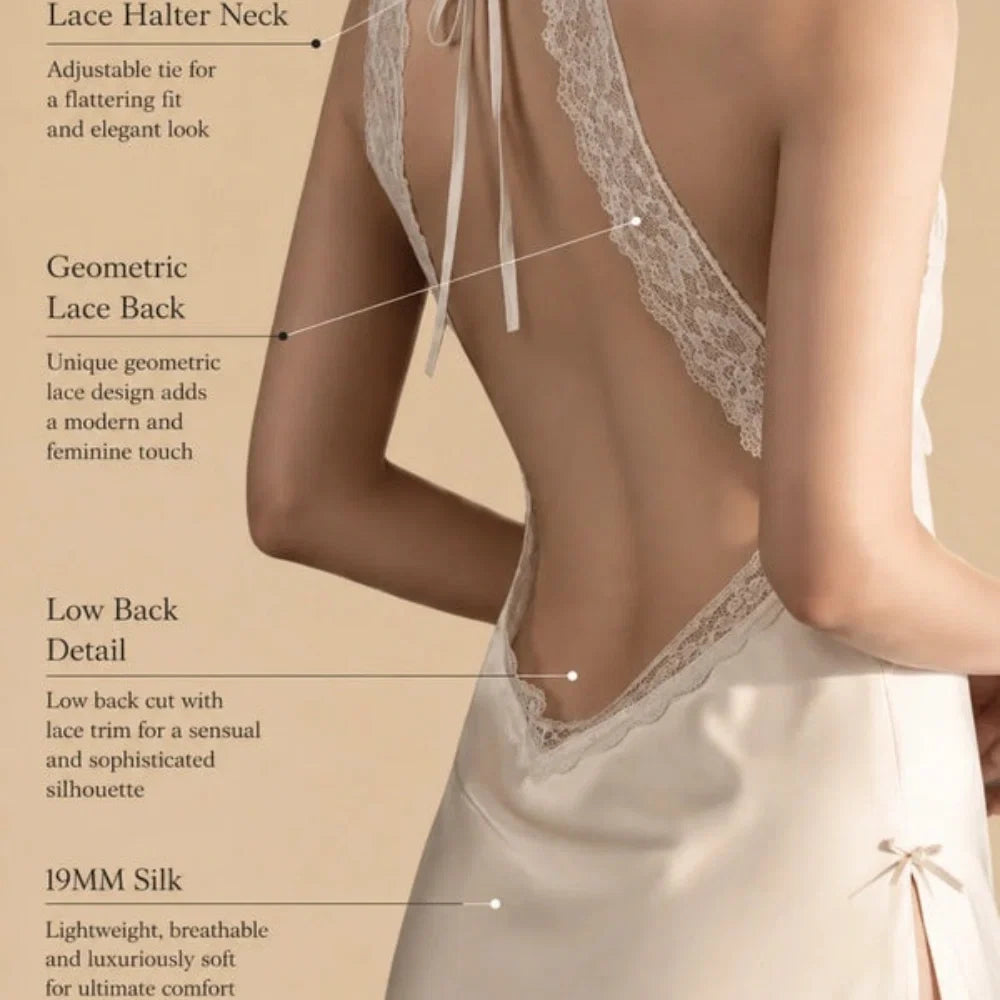 100% Mulberry Silk 19Momme Spaghetti Strap Nightgown with Lace Halter and Back Design