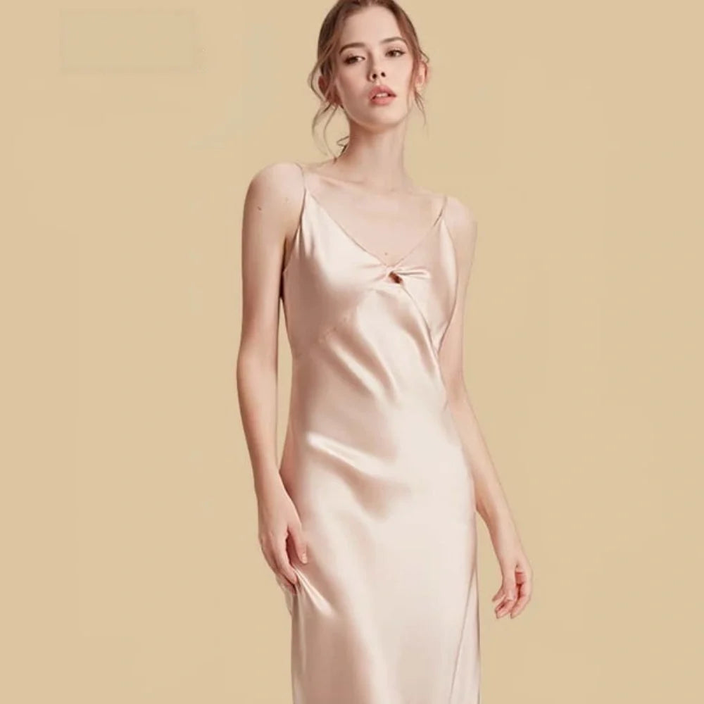 100% Mulberry Silk 19Momme Spaghetti Strap V-Neck Midi Nightgown