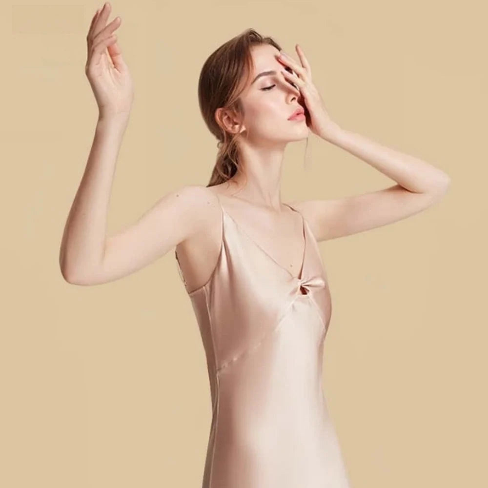 100% Mulberry Silk 19Momme Spaghetti Strap V-Neck Midi Nightgown