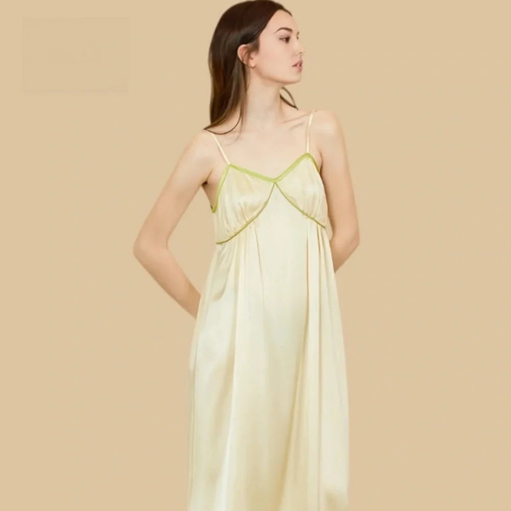 100% Mulberry Silk 19Momme Spaghetti Strap V-Neck Midi Nightgown