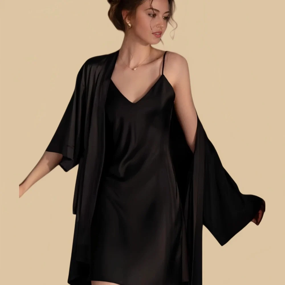100% Mulberry Silk 19Momme Spaghetti Strap V-Neck Nightgown & Kimono Robe Set