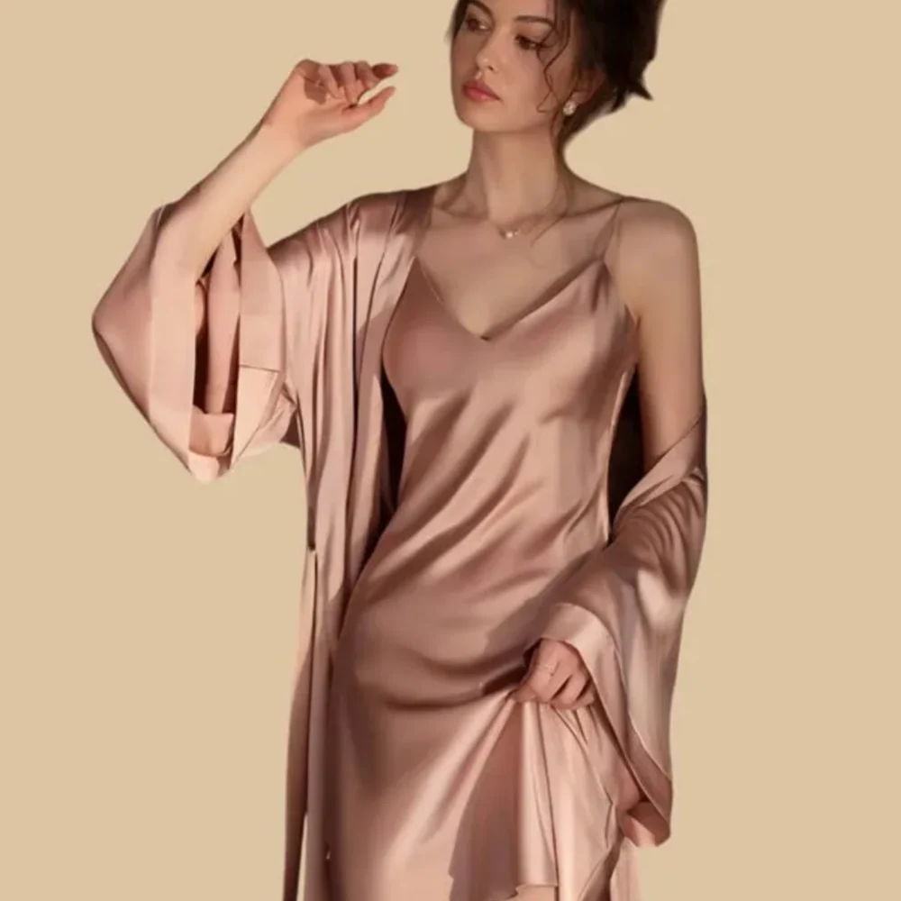 100% Mulberry Silk 19Momme Spaghetti Strap V-Neck Nightgown & Kimono Robe Set