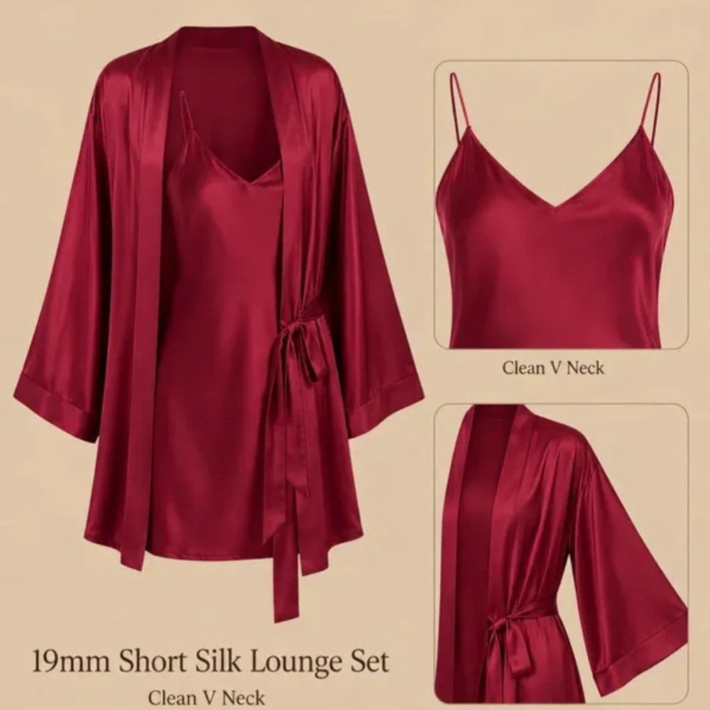100% Mulberry Silk 19Momme Spaghetti Strap V-Neck Nightgown & Kimono Robe Set
