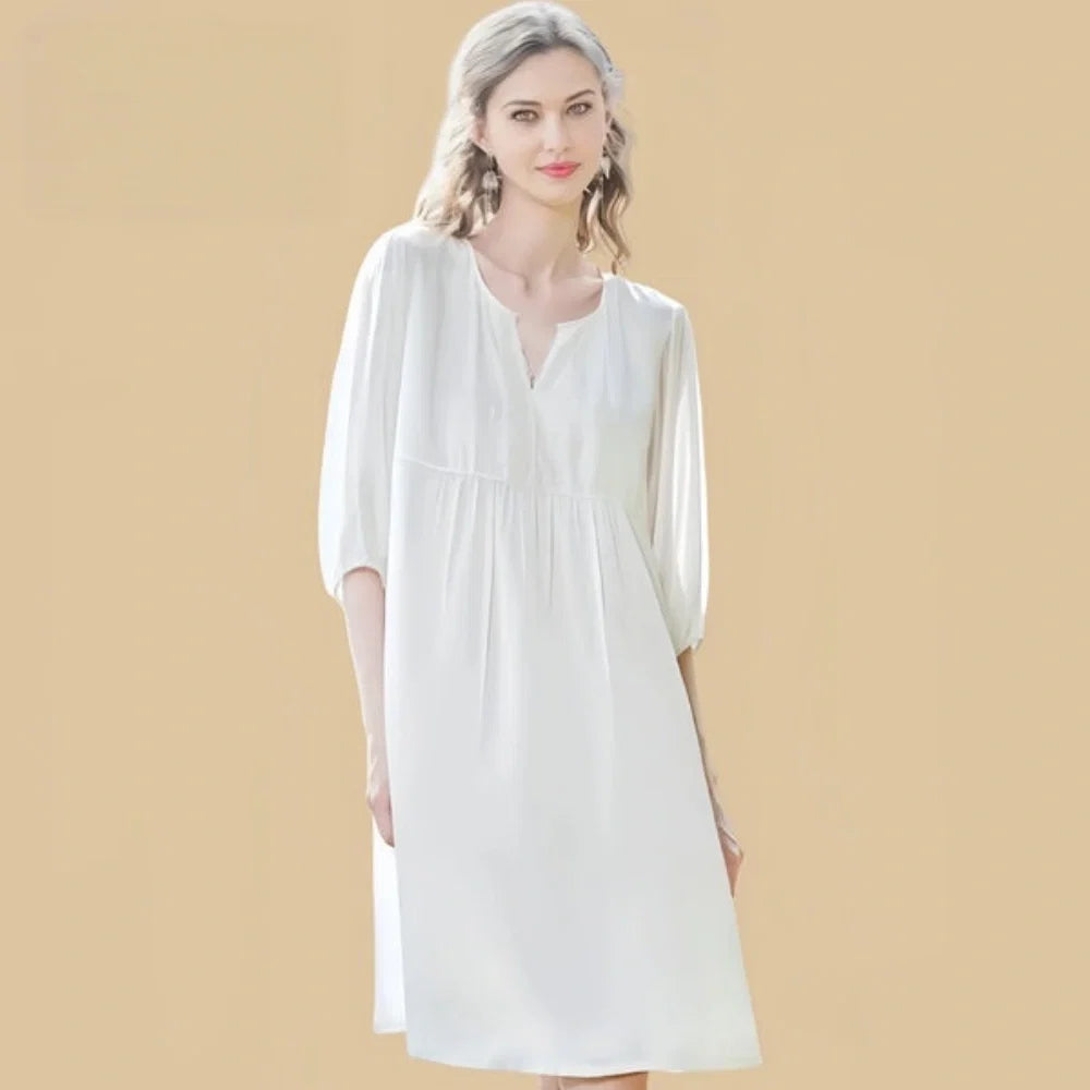 100% Mulberry Silk 19Momme Three-quarters Sleeve Lace V-Neck White Midi Nightgown