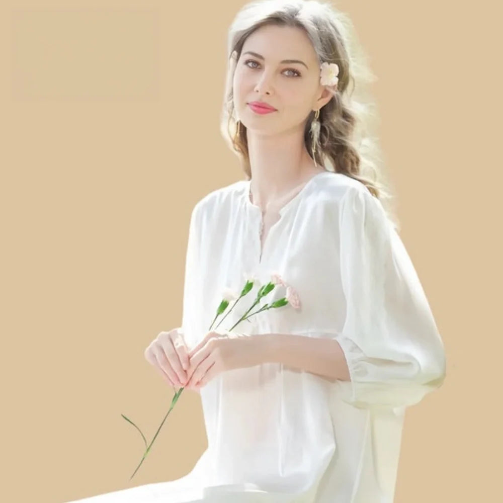 100% Mulberry Silk 19Momme Three-quarters Sleeve Lace V-Neck White Midi Nightgown