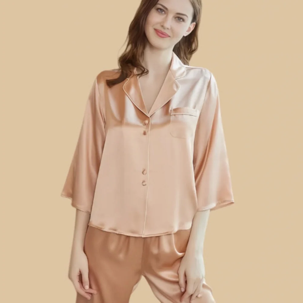 100% Mulberry Silk 19Momme Three-quarters Sleeve Women&